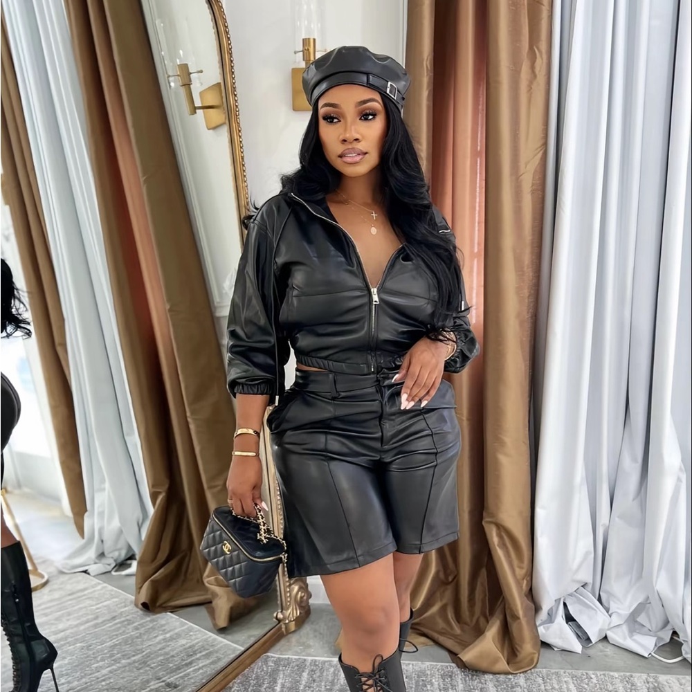 Black Faux Leather Zip-Up Jacket & Short Set - Women
